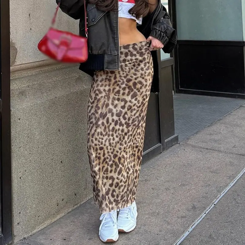 High Waisted Leopard Print Long Skirt Hottie Streetwear Hip Wrap Retro Style Sweet And Spicy Casual All-Match Summer