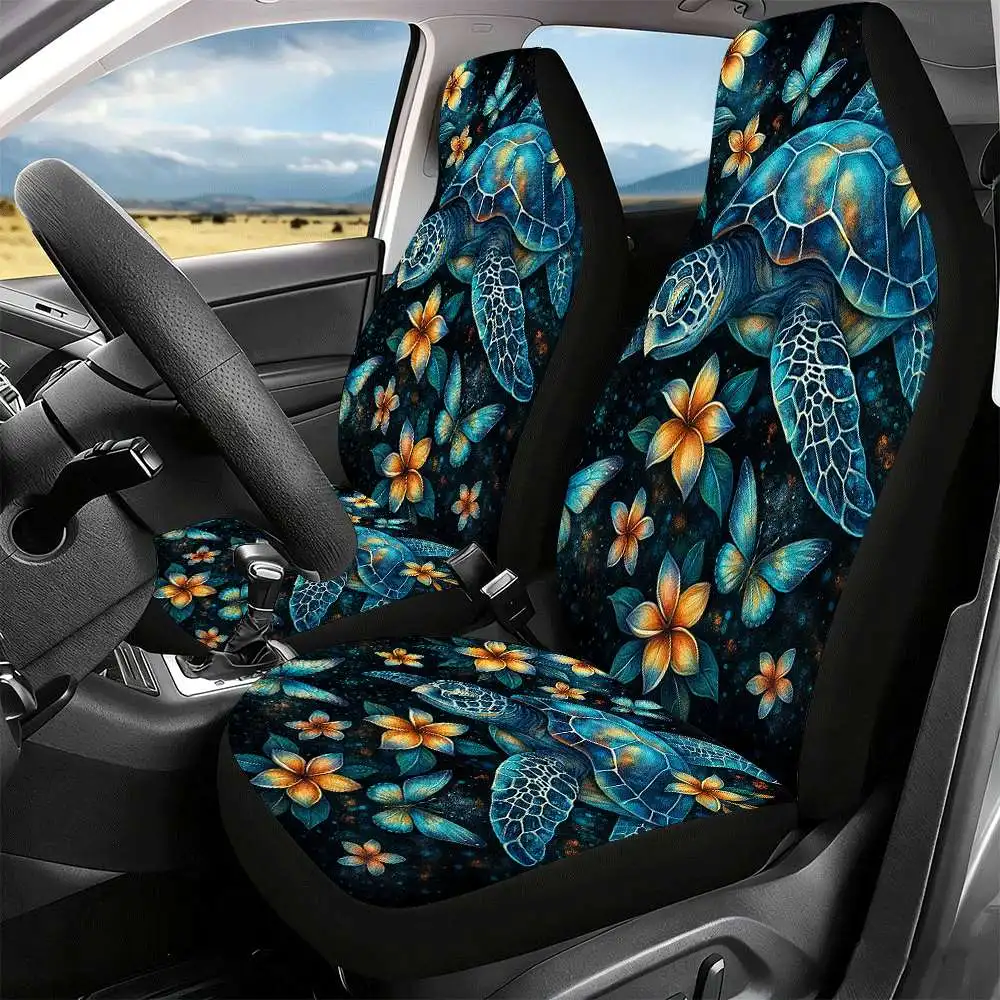 2pcs Tropical Floral & Sea Turtle Car Seat Covers - High Back Design, Durable Polyester, Fit For Cars, SUVs, Trucks - Women'S Ca