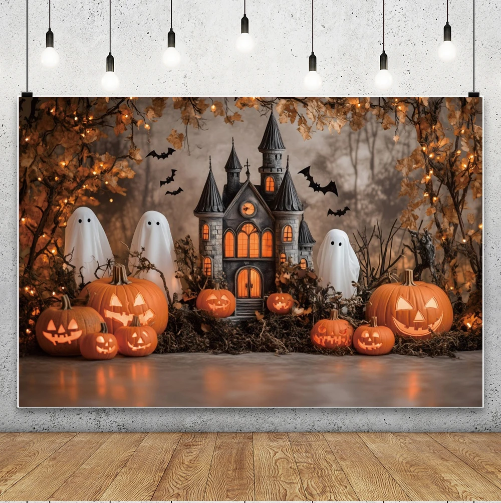 Halloween Photography Backdrop Yellow Curtain Wall Pumpkin Spider Web Bat Ghost Kids Birthday Party Cake Smash Background Props