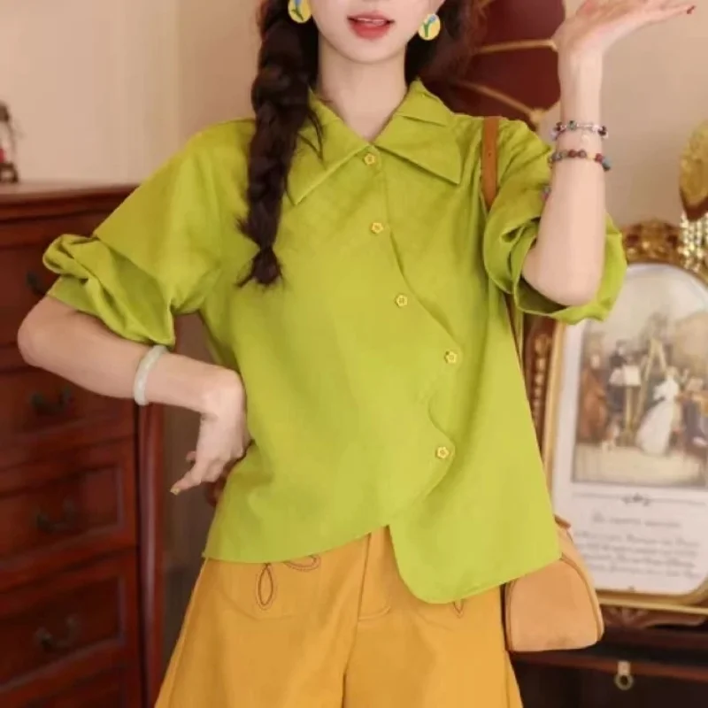 Camisa verde lima con mangas abullonadas y botones para mujer, blusa informal holgada de estilo francés, top ligero de verano