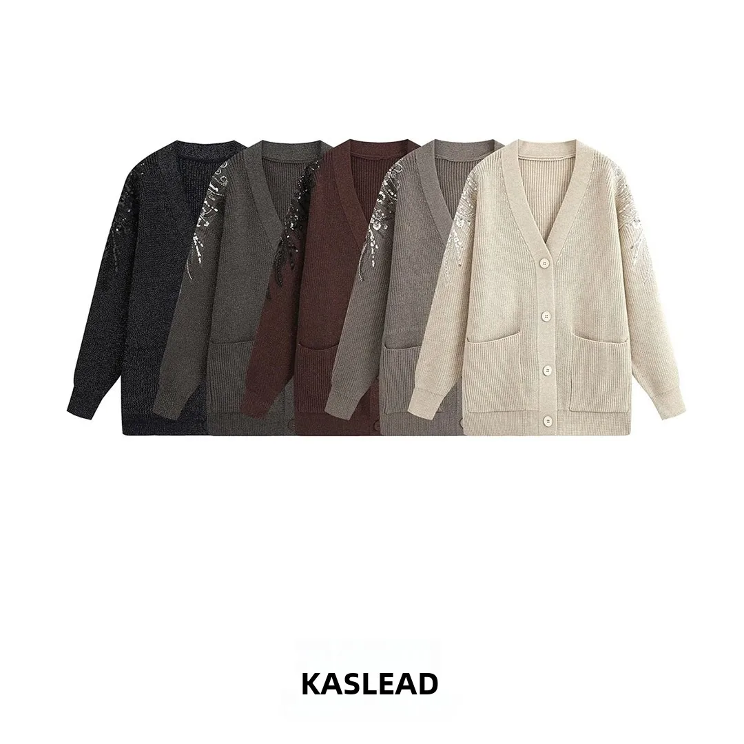 KASLEAD New Women's Knitted Jacket Embroidered Beads Versatile High-End Feel Autumn 2026 Long Sleeve Polyester Fiber Open Car...