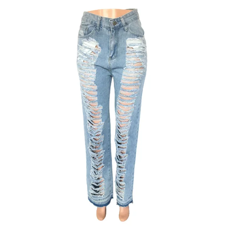 Sky Blue Fashion Broken Holes Jeans Women Ripped Vintage High Waist Denim Trousers Female New High Waist Ripped Pants Streetwear