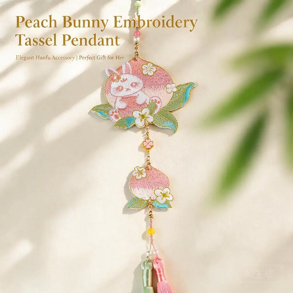Chinese Traditional Hanfu Pendant Peach Pink Rabbit Double Sided Embroidery Contrast Tassel Charm For Cheongsam Cosplay Day Wear