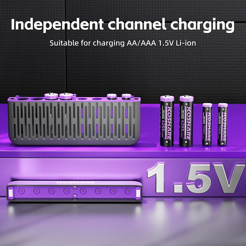 KOSHARE AAA AA Rechargeable Batteries 4255mWh 1100mWh Lithium-ion Battery Charging Compartment 8 Slot LED Smart Battery Charger