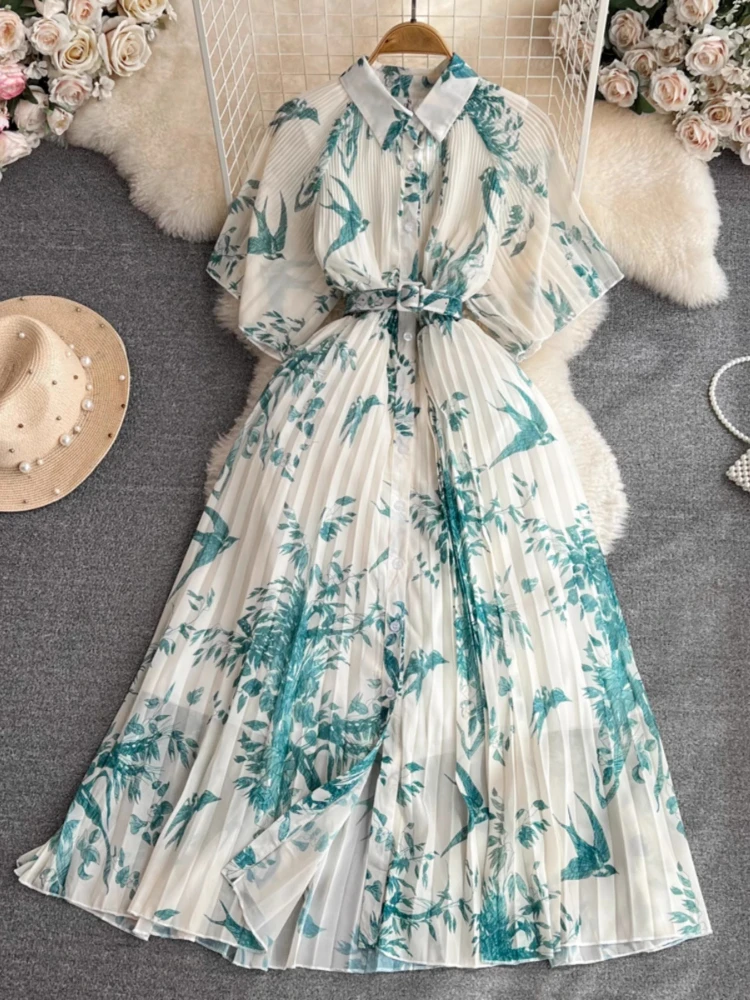 Nieuwe Temperament Afdrukken Gewaad Femme Single Breasted Vintage A-lijn Jurken 2025, Vestidos De Mujer Slanke Taille Riem Geplooide Jurk