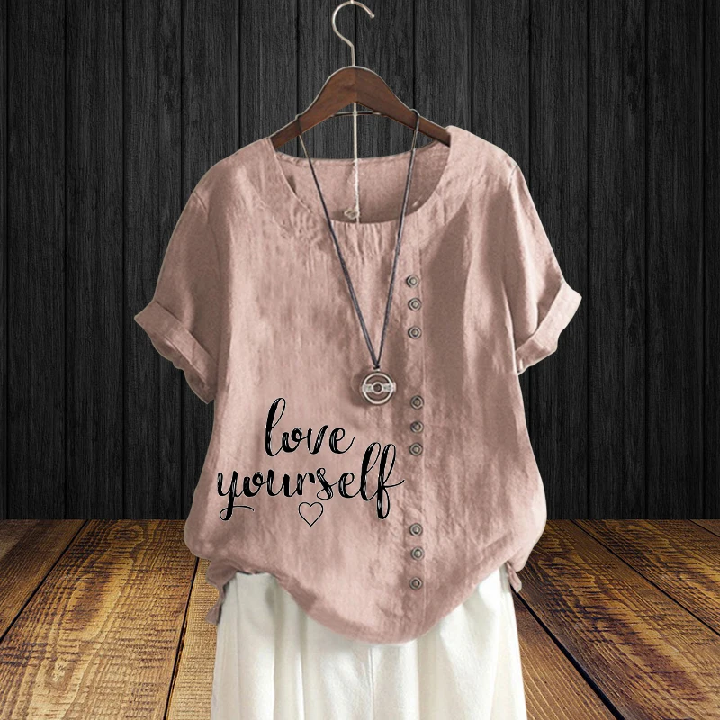 

Women's Clothing O Neck Short Sleeve Positive English Words Printed Pullover T Shirt Round Neck Summer Loose Line Top for Lady