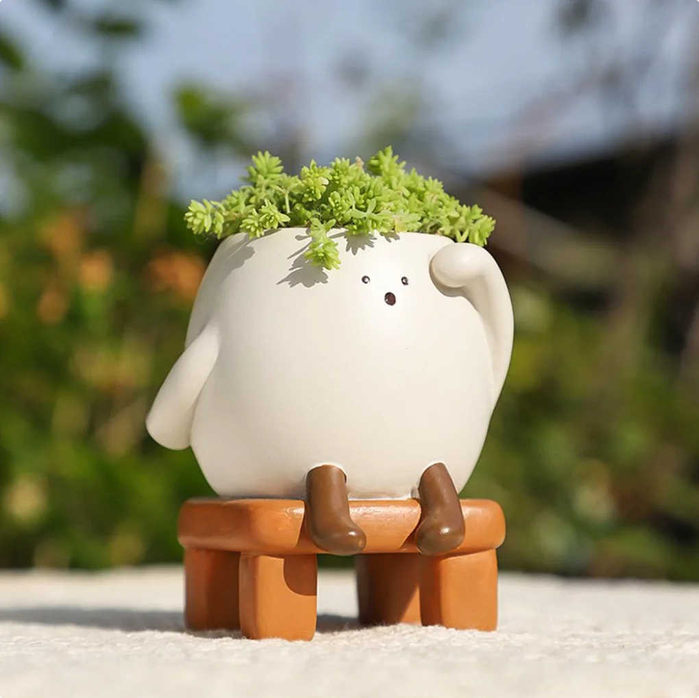 1PC Cute Round Face Sitting Flower Pot - Resin Flower Pot for Succulents, Home Desk Decoration    JJ2695TN