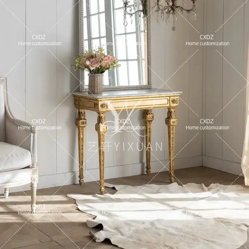 European Classical Entrance Platform Old Gold Wood Carving Rectangle Console Table Vintage Style Foyer Decor