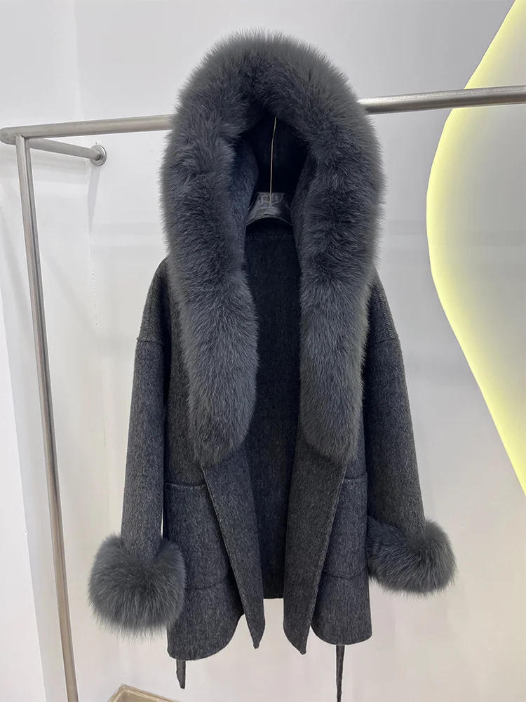 2025年冬 レディース 暖かい本物の天然フォックスファーコート 100%ウール ウールカシミヤ フード付きジャケット 高級厚手女性用コート