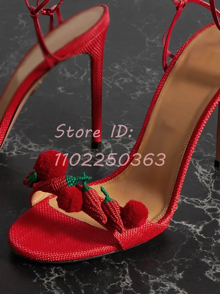 

Red Leather Ankle Tied Solid Stilettos Sandals Round Toe Chilis Pom Poms Thin High Heels Pumps Lace up 2024 Women Modern Shoes