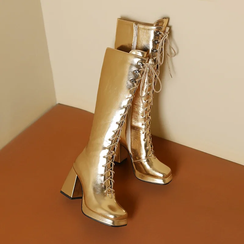 Sexy Silver Gold Metallic PU Knee High Boots Women Thick Heels Party Club Lady Winter Plush Shiny Lace-up Square Toe Long Boots