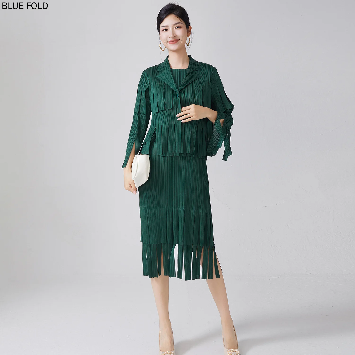 Women's Temperament Fashion Set Women's High-end Spring and Autumn Tassel Sleeveless Dress Cardigan Coat Miyake Two-piece Set