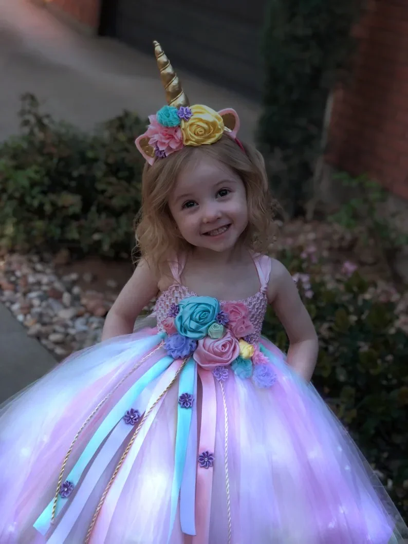 الفتيات طويلة LED يونيكورن توتو فستان الفتيات فستان الركبة الاطفال حفلة عيد ميلاد الأميرة زي لجميع القديسين عيد الميلاد الكرة ثوب فساتين SS0 #5