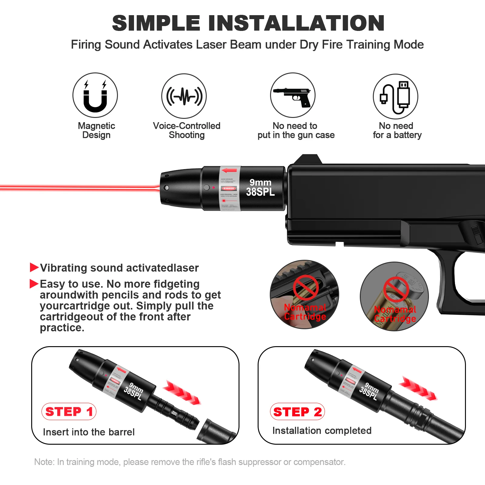 مدرب ليزر ثنائي الغرض 9 مم.38spl مع وظيفة المعايرة، معايرة ثابتة عالية الدقة لقفل الهدف