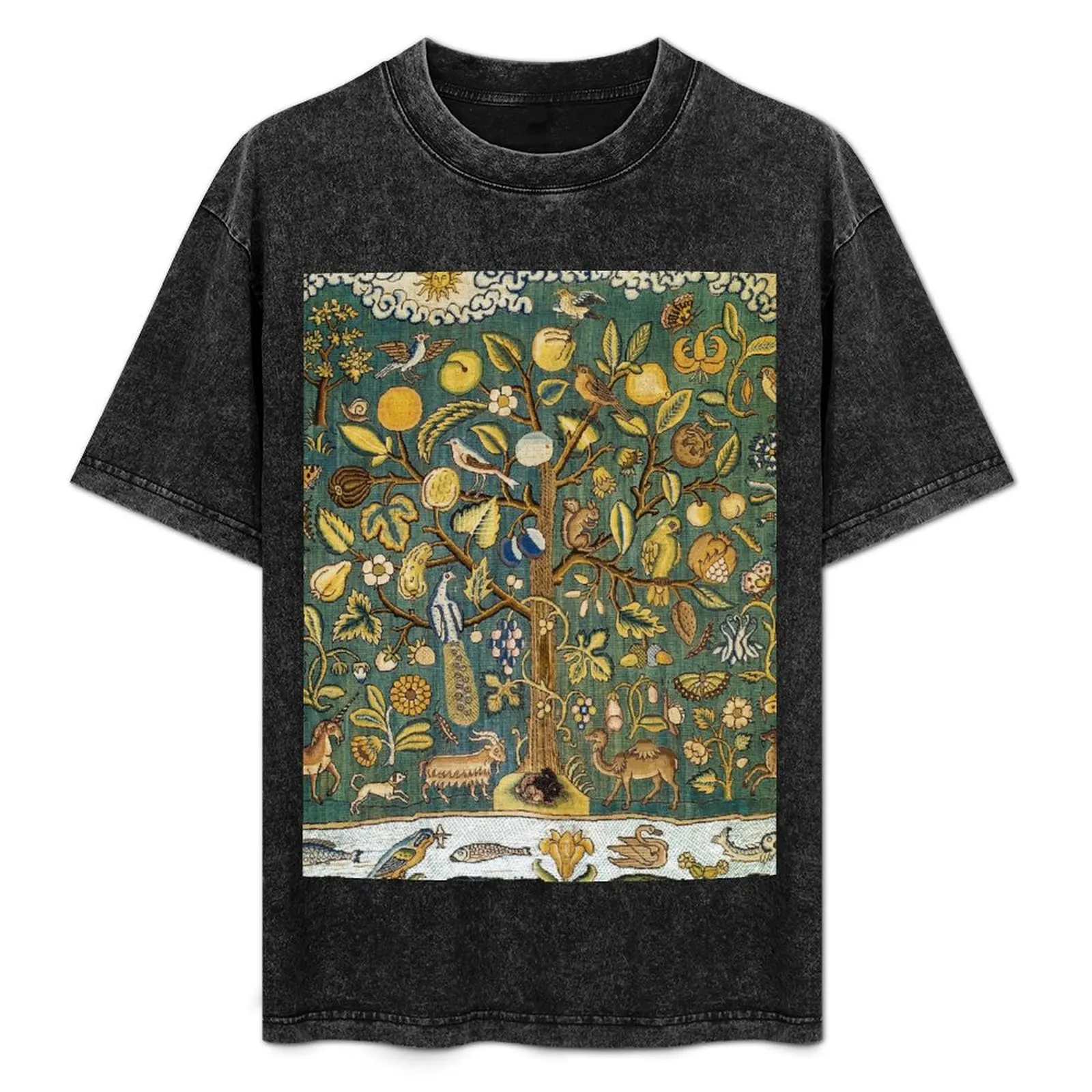 

Ancient Animals & Tree Medieval Unicorn Floral Tapestry T-Shirt Urban Style Casual Short Sleeve Top