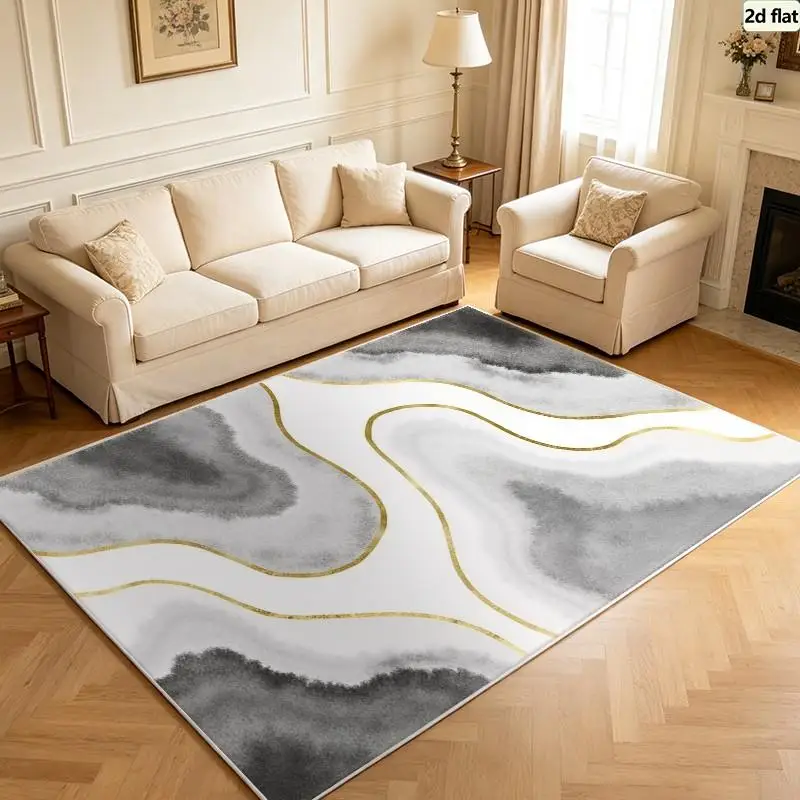 Carpet Flooring Grey White Ink Marble Wave Square Area Rug Gold Line Fluid Texture Floor Carpet Modern Room Decor