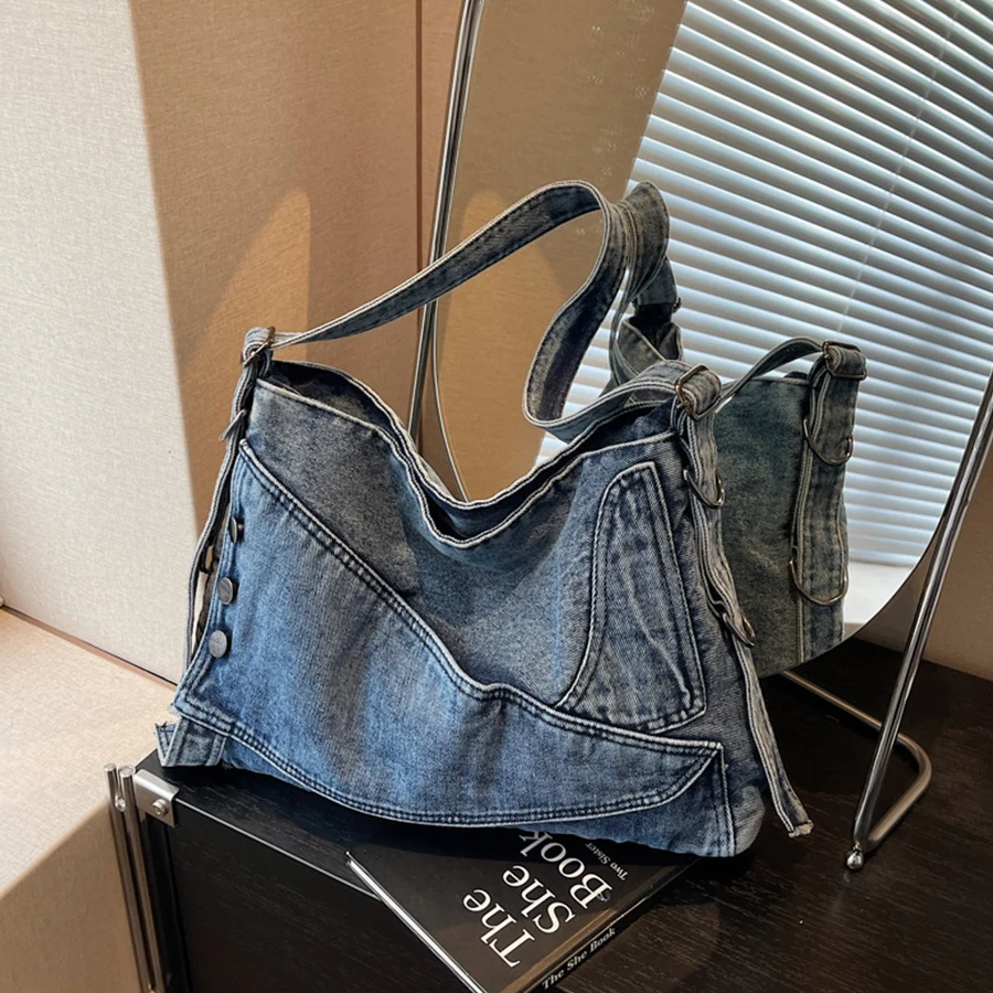 

Large Capacity Messenger Bag Commuter Satchel Bags Adjustable Strap Ladies Crossbody Bag Vintage Denim Women's Shoulder Bag Sac