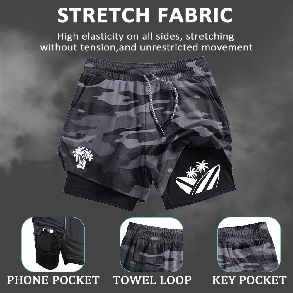 

Мужские пляжные шорты 2 в 1 с принтом кокосовых пальм, эластичные, быстросохнущие, повседневные спортивные шорты с петлей для полотенца и задним карманом на молнии