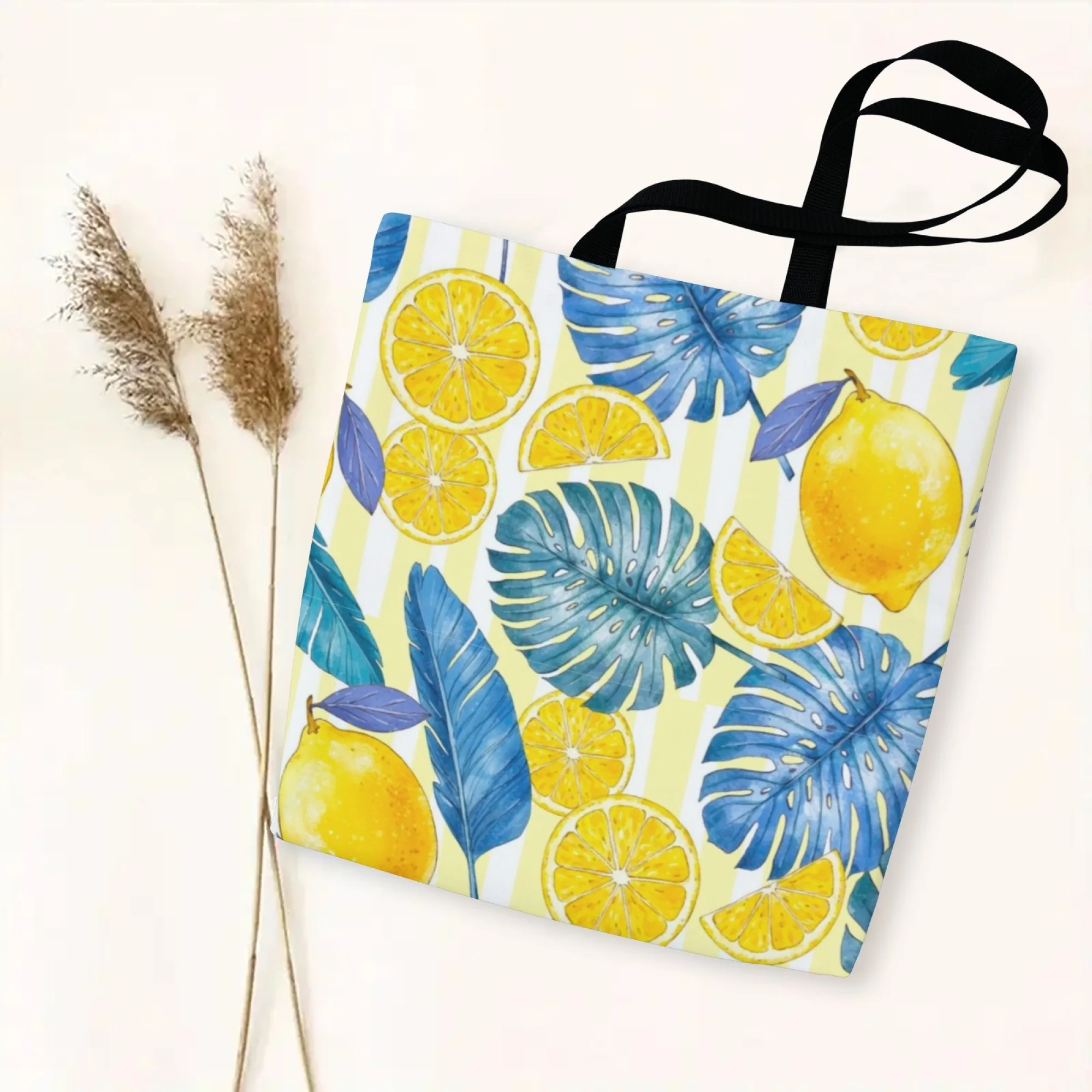 

Fresh Lemon & Monstera Leaf Watercolor Canvas Tote Bag Vibrant All-Over Print Shoulder Bag Gift for Tropical Style Lover Friend