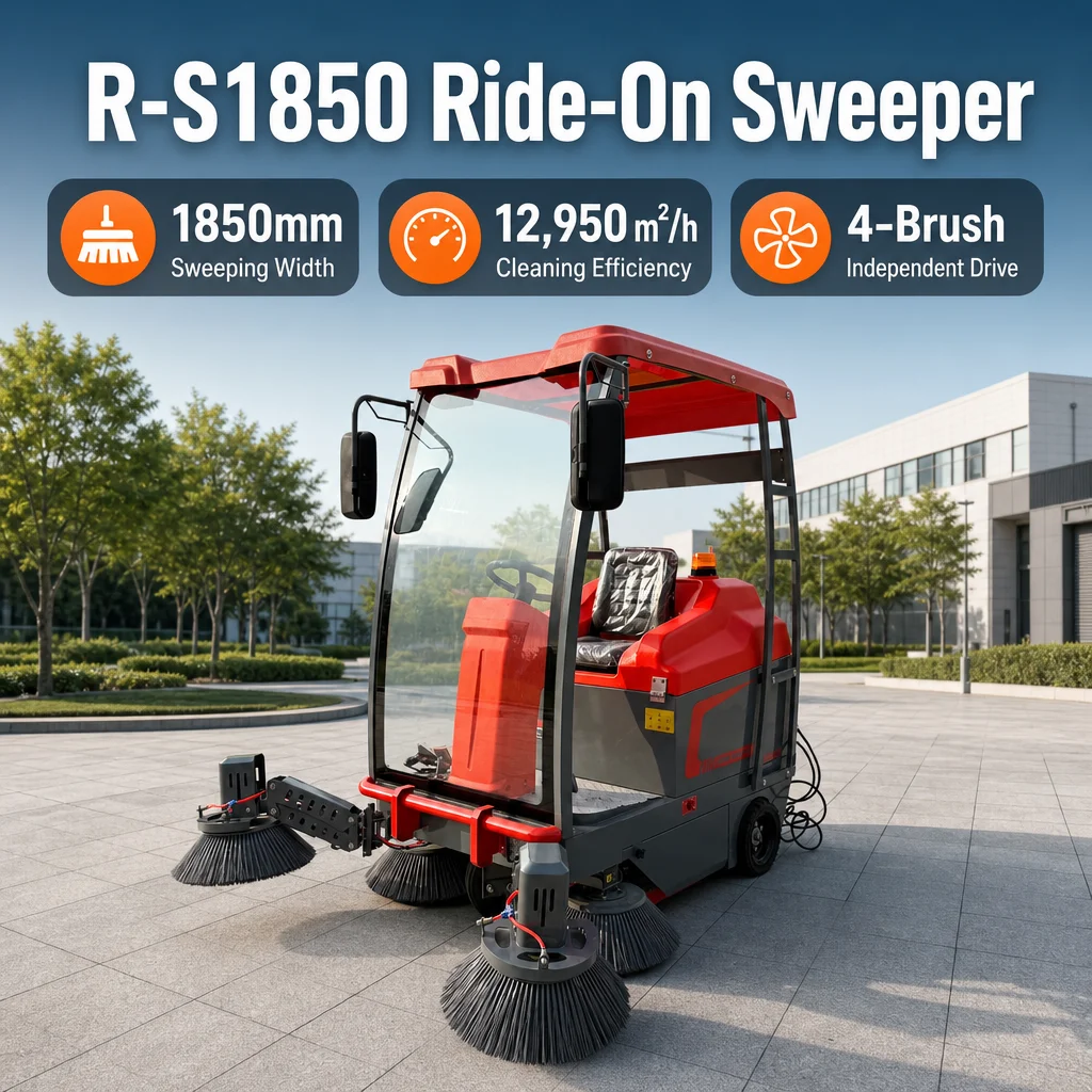 1850mm Sweeping Width Ride on Street Sweeper 12950m2/h High Efficiency Industrial Electric Road Sweeping Machine R-S1850