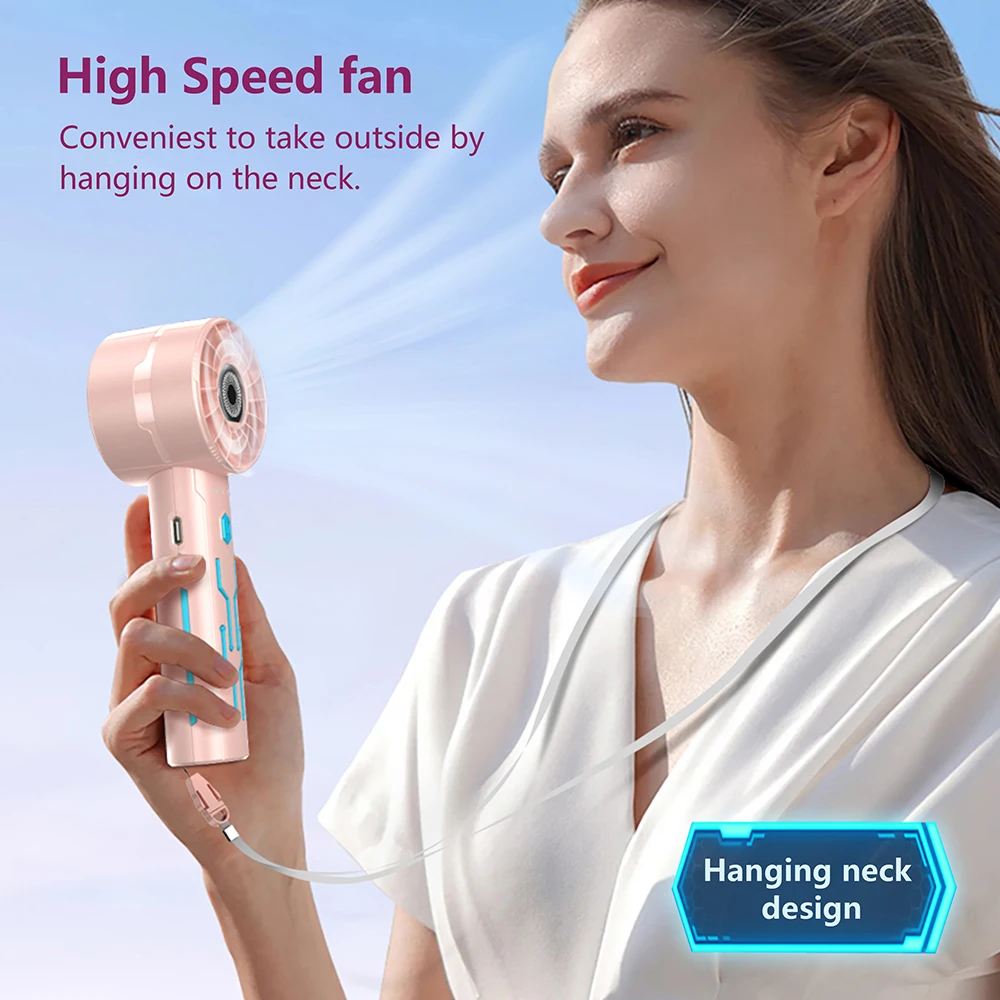 Handheld mini fan, portable fan - USB charging high-speed 4-speed lanyard fan, suitable for outdoor activities and travel