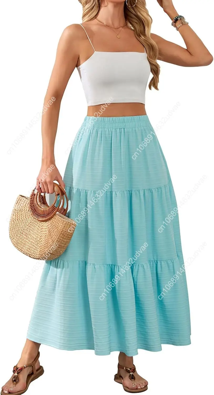 HUSKARY Women's Summer Casual Elegant Smock Layered Tiered Maxi Skirt High Waisted A Line Flowy Long Skirts with Pockets