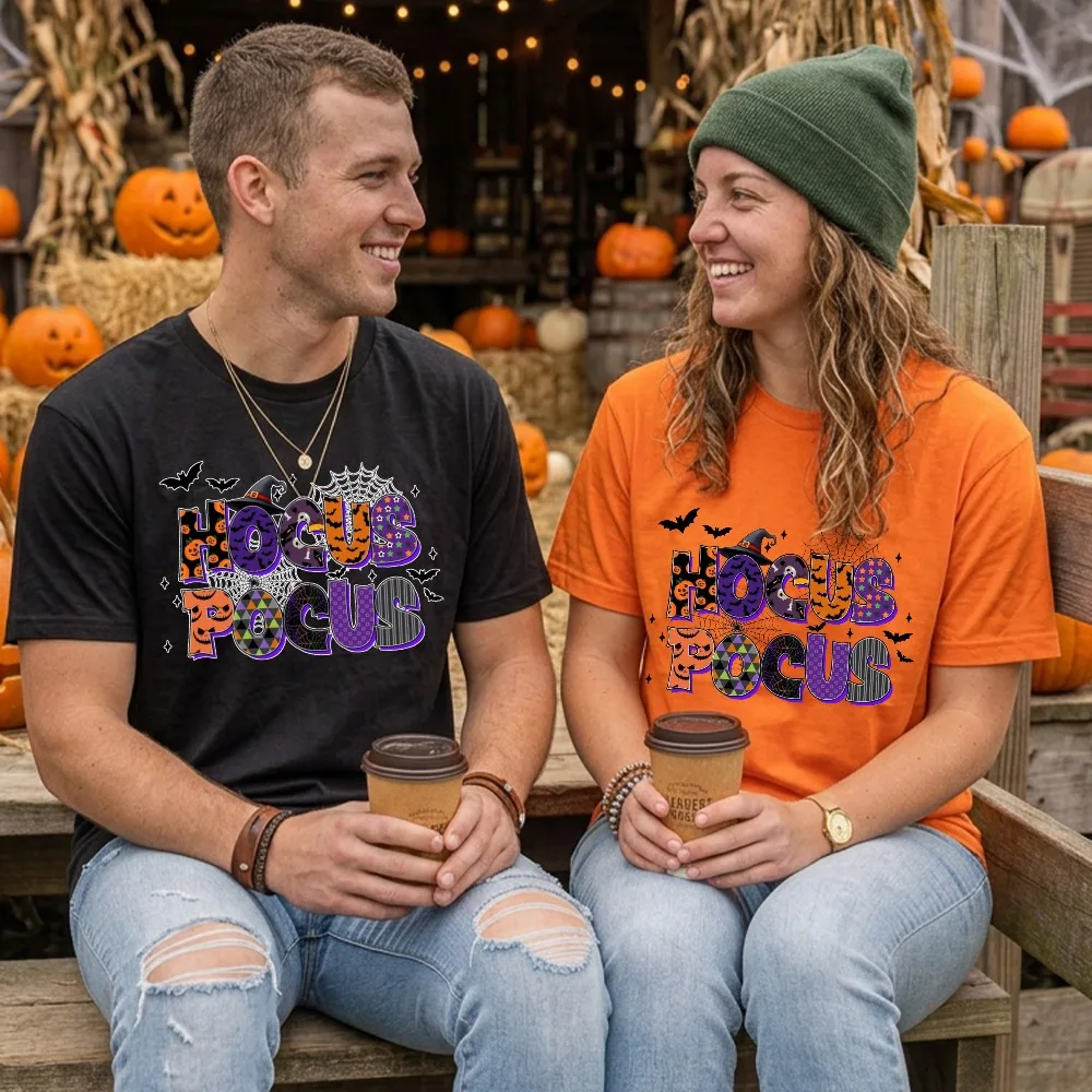 Hocus Pocus Halloween Witch Hat Pumpkin Bat Graphic T-Shirt Short Sleeve Cotton Fall Retro Spooky Season Unisex Women Men Tee