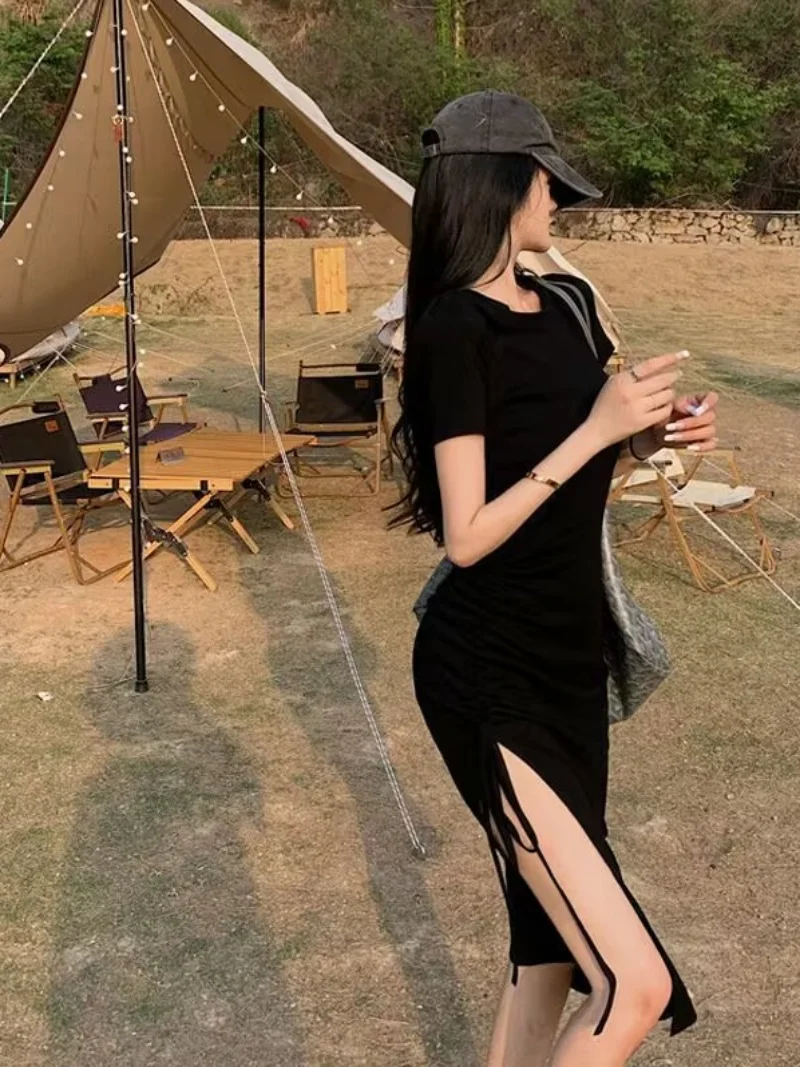 Elegant Drawstring Asymmetrical Dress Women's Summer New Sexy Waist Cinching Mid-Length Slimming Bodycon Skirt