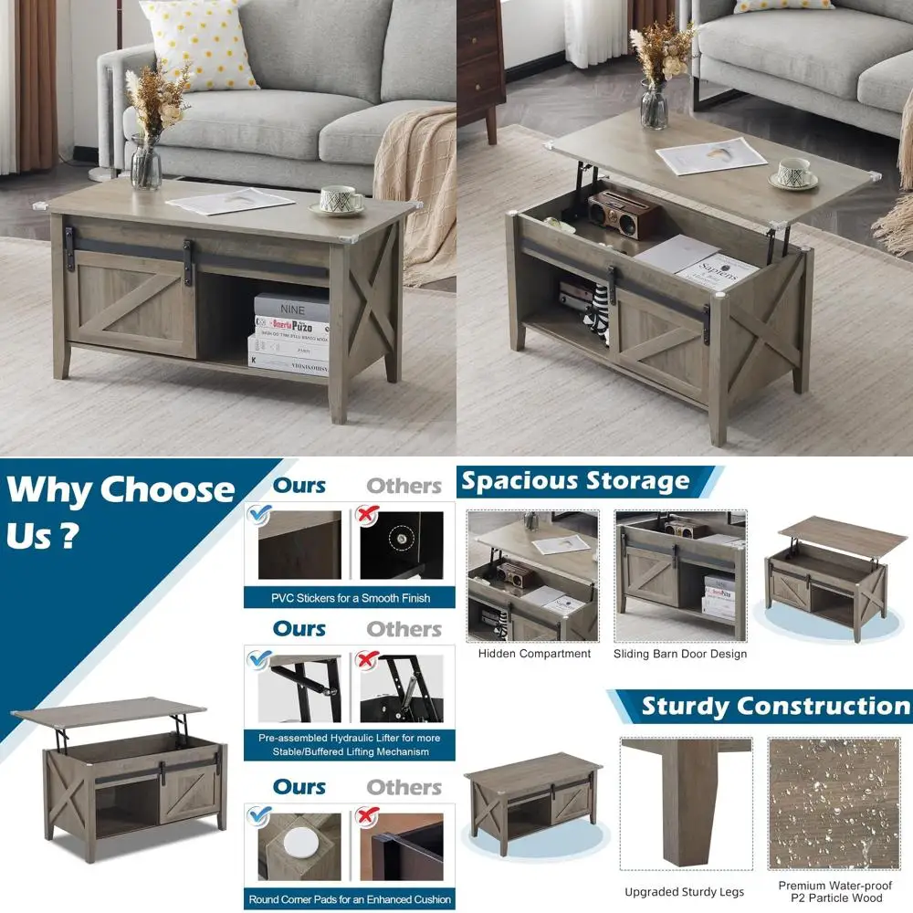 

Серый журнальный столик в деревенском стиле с полкой для хранения и скрытым отделением, длина 36 дюймов