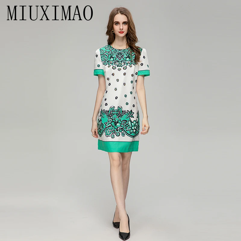 MIUXIMO-vestido fino de manga curta para mulheres, diamantes floridos, tanque verde, mini vestido solto, moda outono, 2023