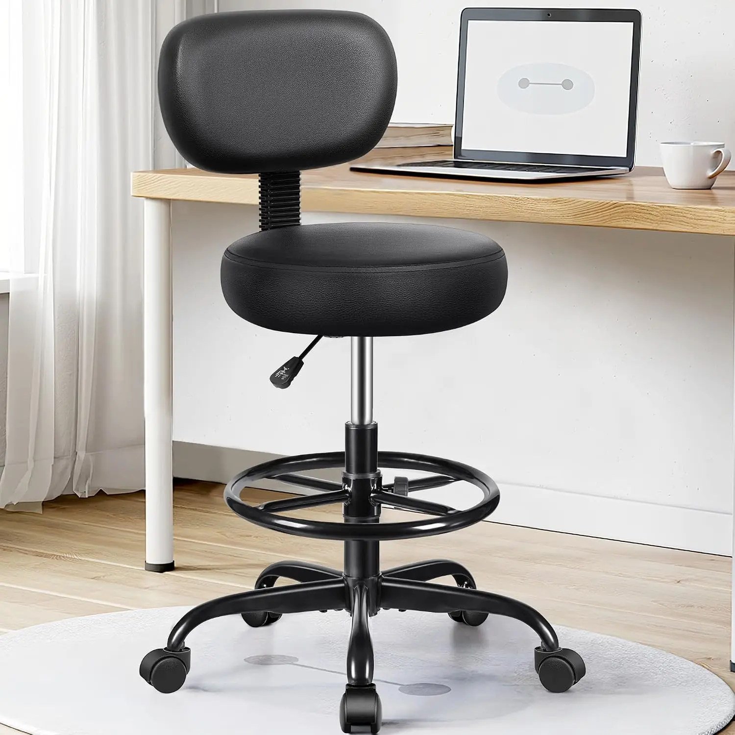 Drafting Chair with Backrest – Adjustable Foot Rest Rolling Stool with Wheels, PU Leather Swivel Stool for Office Spa Studio Lab