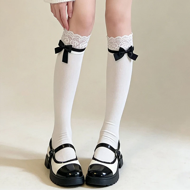 Retro Lolita Style Lace Patchwork Bow Tie Calf Socks Solid Colors Cotton Knee-length Socks Wholesale