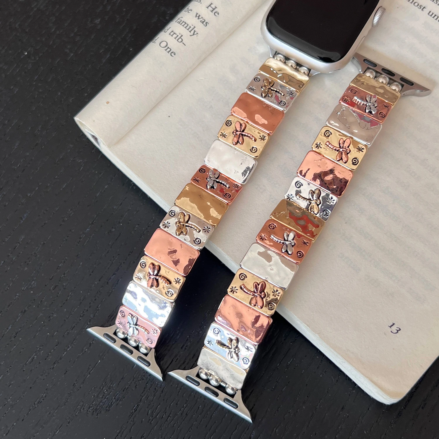 Best alternative with embossed metal relief dragonfly elastic bracelet for Apple Watch S10 46mm-38mm fashionable girl strap