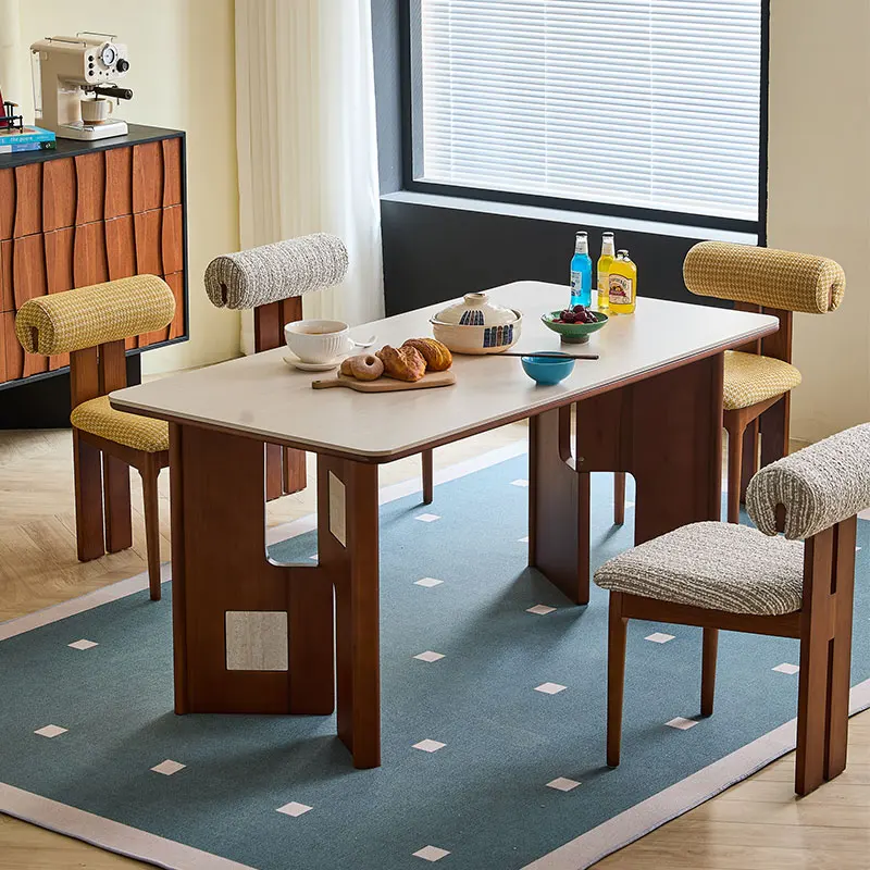 French Retro Dining Table Set, Rectangular Sintered Travertine Stone Top, Solid Wood Structure for Small Home Dining Room