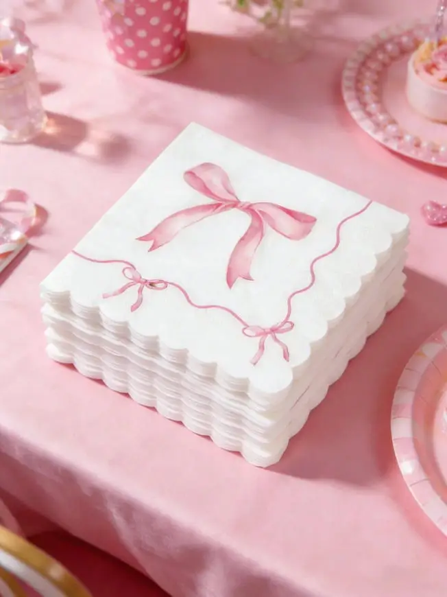 16Pcs White Background Bow Lace Disposable Paper Napkins, Suitable For Baby Shower Parties, Elegant Pink Bow Pattern, Can Be Use