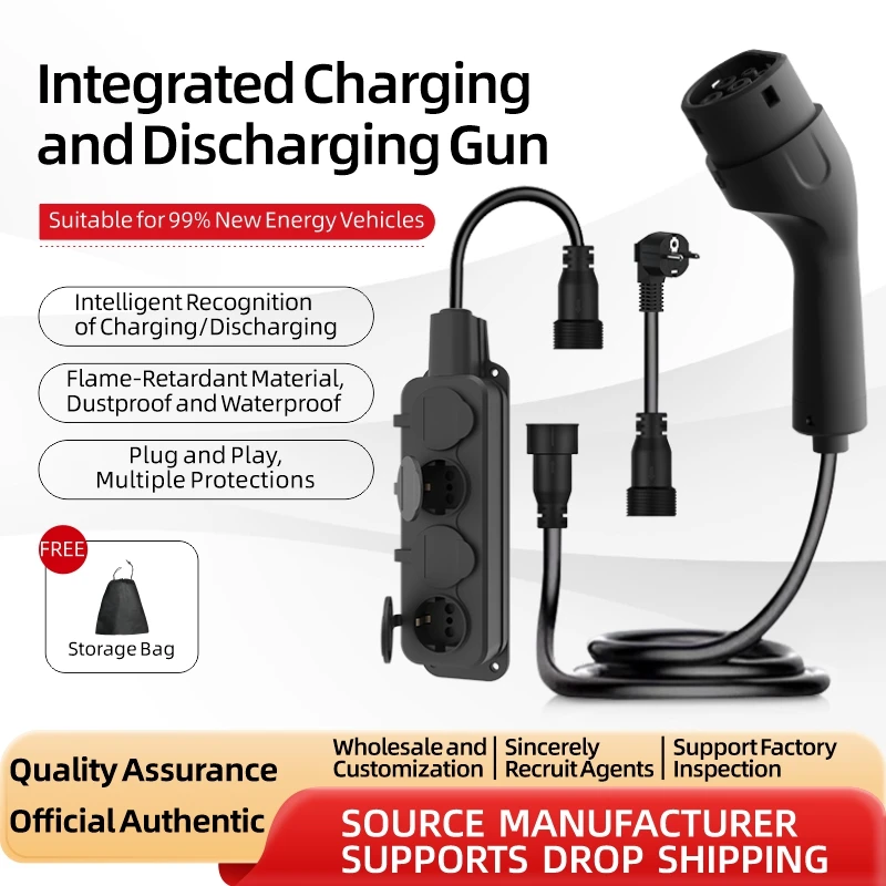 Charge and Discharge 2-in-1 V2L Discharge EU Socket with 3m-10m Cable Type2 IEC62196 GB/T Wallbox Adapter for Electric Vehicles