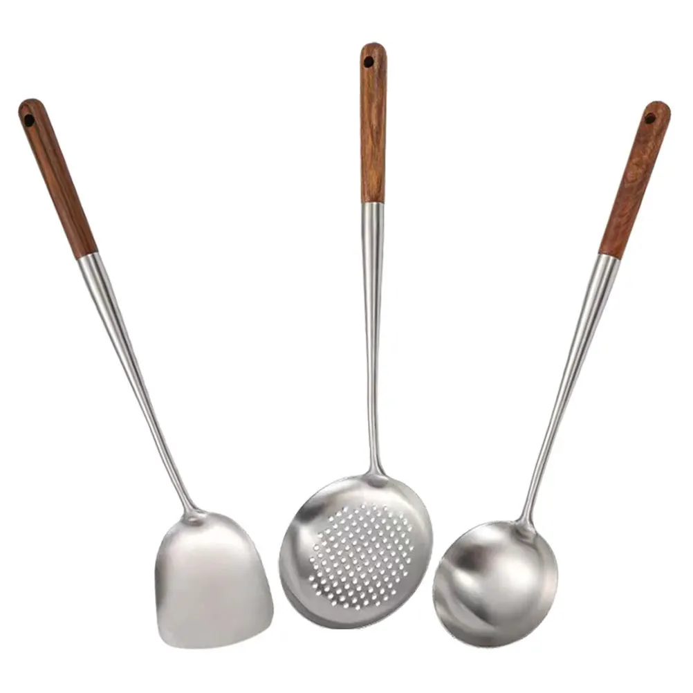 

3Pcs Stainless Steel Wok Ladle Spatula Skimmer Spoon Long Wooden Handle Cooking Utensils for Soup Slotted Spoon