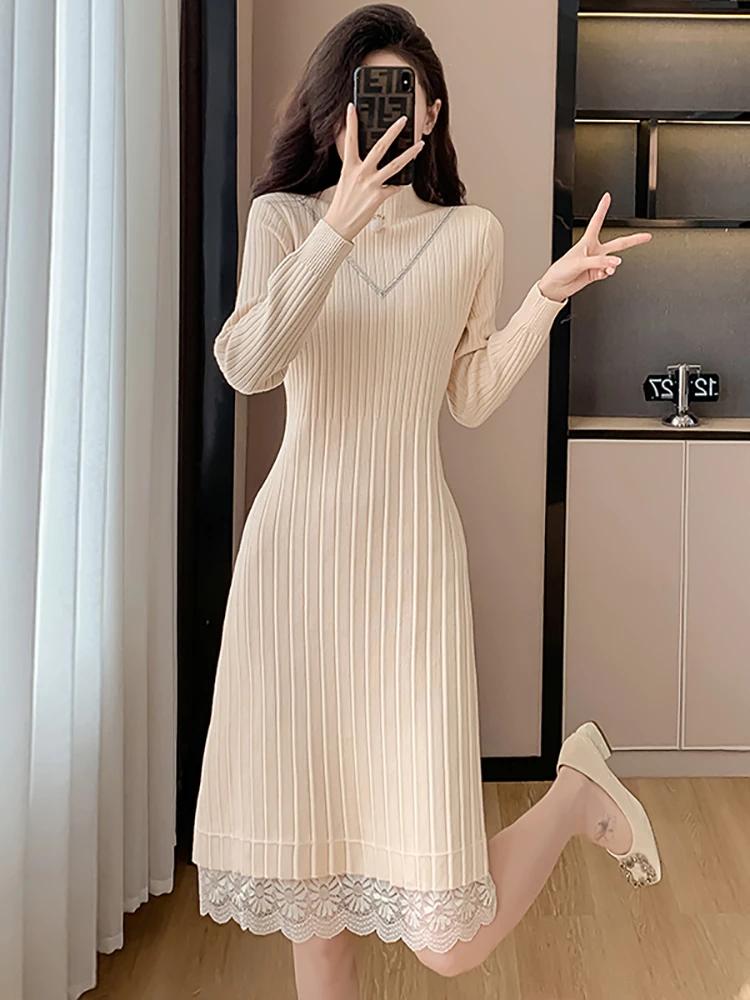 Women Solid Knitted Patchwork Lace Luxury Long Dress Autumn Winter Elegant Chic Sweater Dress 2024 Korean Bodycon Evening Dress