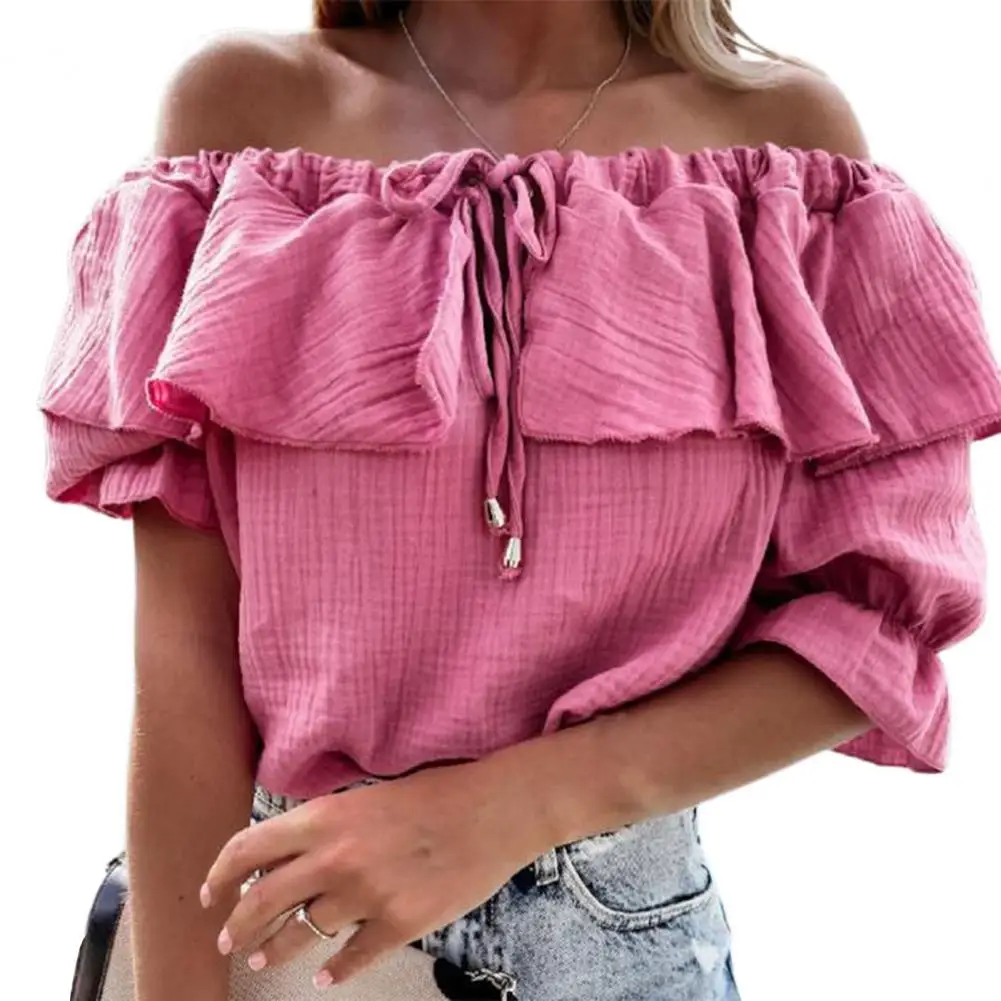 Fashion Sexy Ruffle Women Blouse Shirt Summer Casual Tie-Up Drawstring Tops Pullover Solid Color Elegant Off Shoulder Shirt Chic