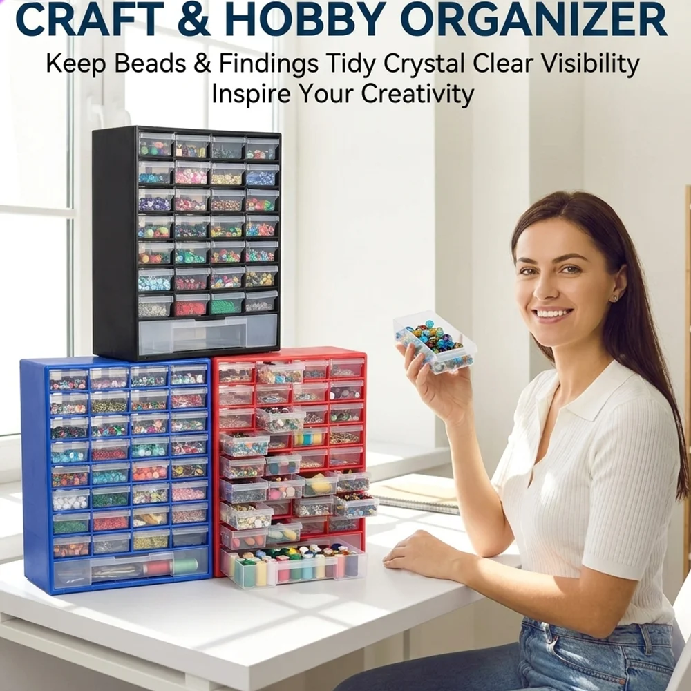 33-Compartment Drawer-Style Plastic Small Parts Storage Box, Storage Bin with Drawers, Suitable for Hardware, Parts, Crafts, Beads, Size 11.8 X 16.1 X 5.2inch (Blue/Red/Black)