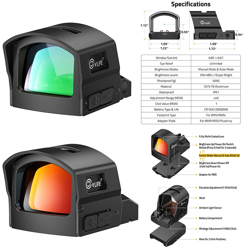 

CVLIFE Auto-Brightness Red/Green Dot Sight for RMS RMSc 36MOA Circle & 2MOA Dot Reflex Scope Adapter with for MOS/Picatinny