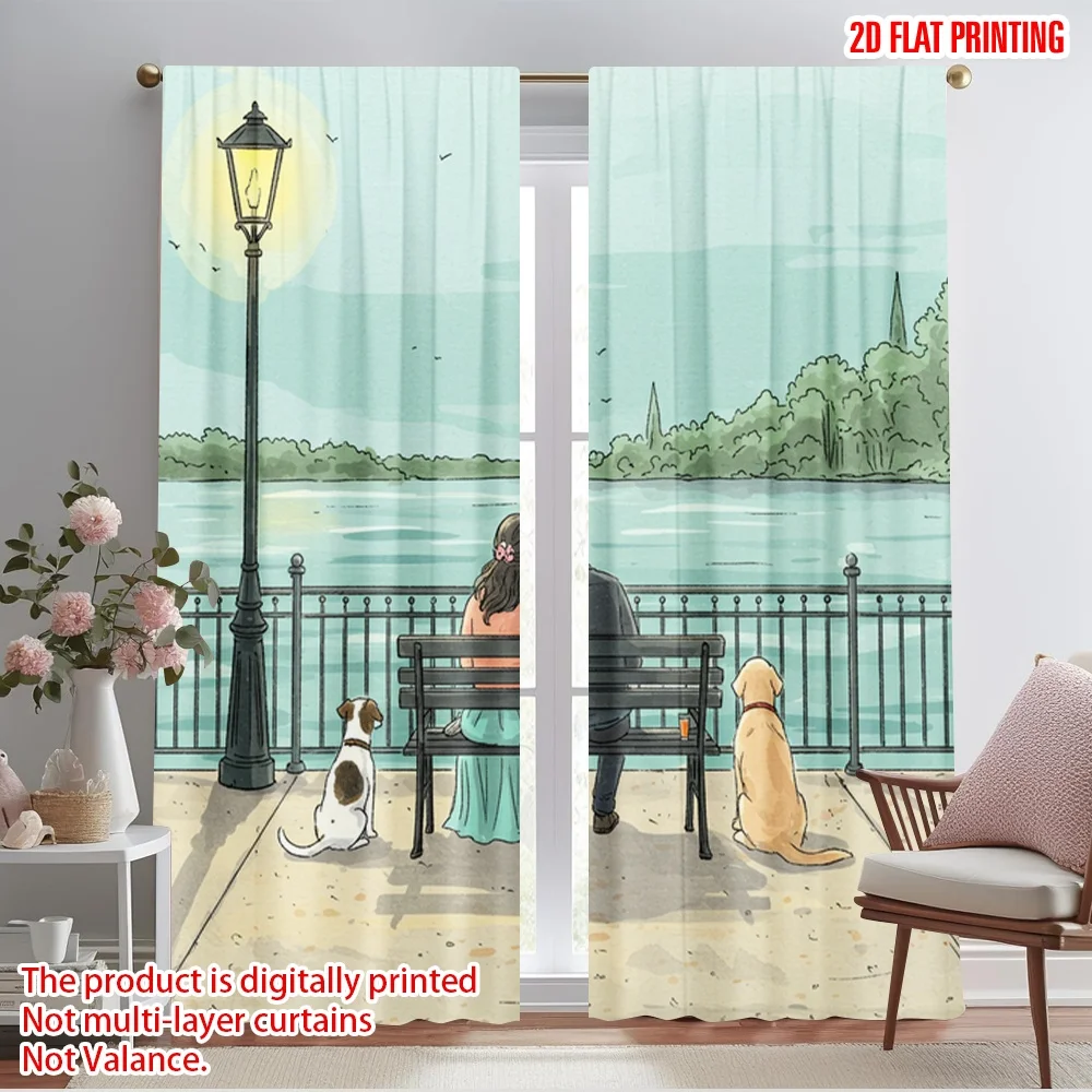 

2pcs 2D flat printing Drapes Couple Sitting By Water Polyester Without Electricity Birthday Party Use for Decorations