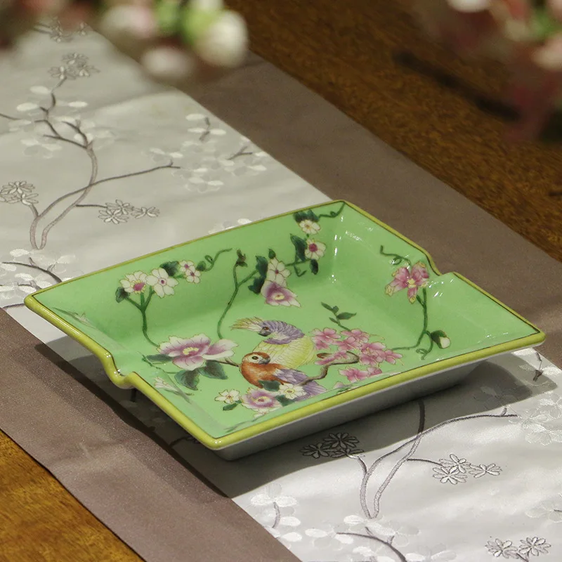 

19.5cm Chinese Hand-painted Ceramic Ashtray Retro Flower Bird Square Cigarette Tray Creative Decor