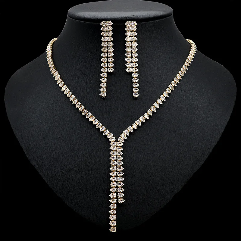 

Luxury Wedding Bridal Jewelry Set cubic Zirconia Geometric Crystal Necklace Earring Set for Wedding Banquet Accessories