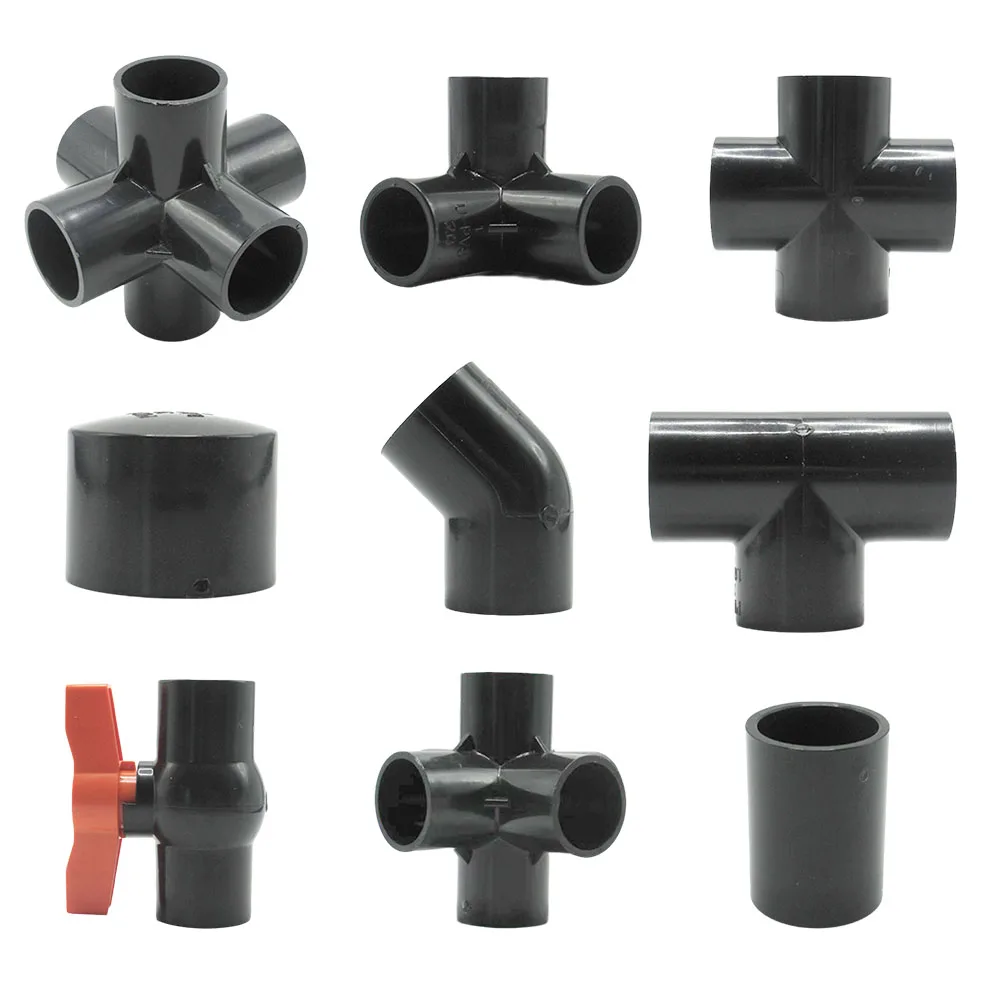 1PC Black PVC Pipe Connector 20-50mm Aquarium Fish Tank Drainage Tube Fittings Straight Elbow Tee Cross 3 4 5 6 Ways Joints