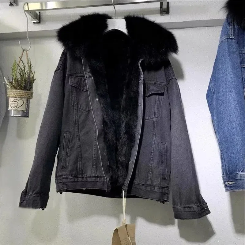 Pop Pop Big Fur Collar Denim Jacket Women Short 2025 Winter New Wild Korean Loose Velvet Thick Cotton Padded Coat Female Jean Co