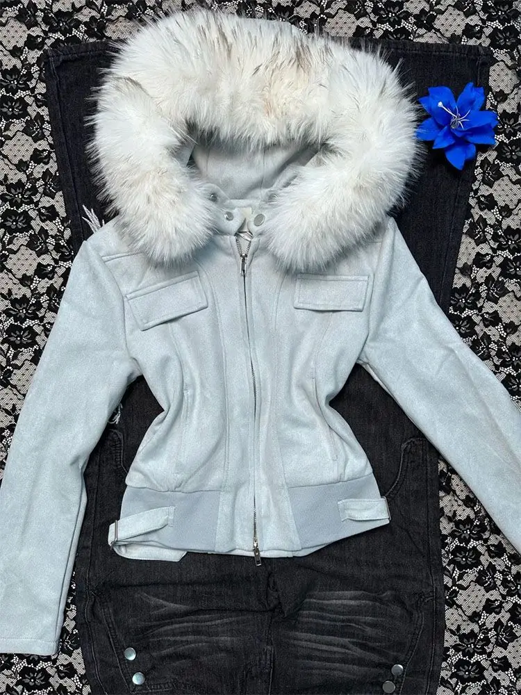 American Vintage Fur Hoodie Sweatshirts 2025 Spring Autumn Short Coat Women Y2k Grunge Subcultural Tops Mujer Grey Jacket