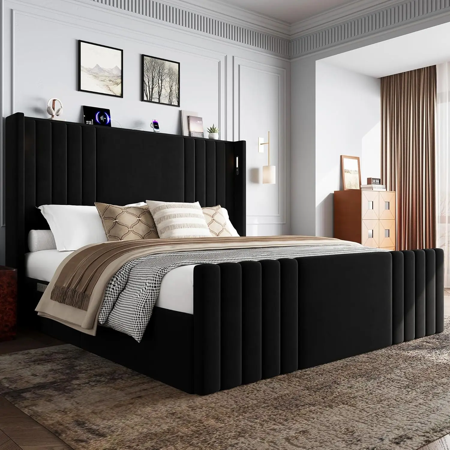Queen Bed Frame with 55.1" Tall Headboard, Velvet Upholstered Platform Bed with Channel Tufted Wingback, 2 Reading, Customized