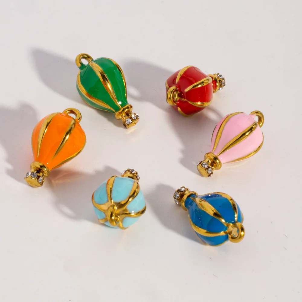 5PCS Stainless Steel Multicolour Dripping Oill Zircon Geometric Stereoscopic Style Hot Air Balloon Charms DIY Jewelry Making