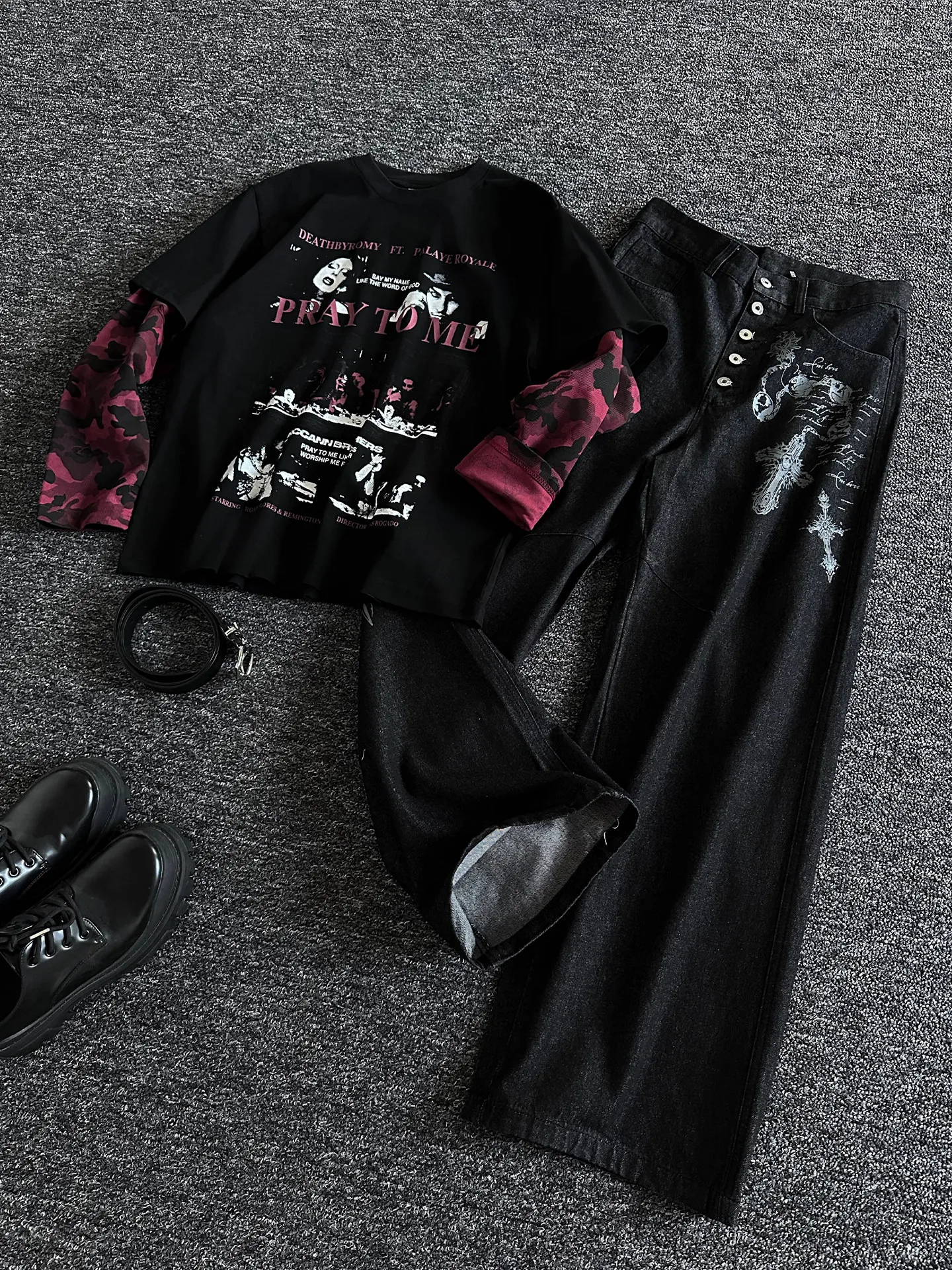 American High Street Retro Cross Button Denim Jeans Men's Black Original Straight Loose Wide Leg Casual Long Trousers Trendy